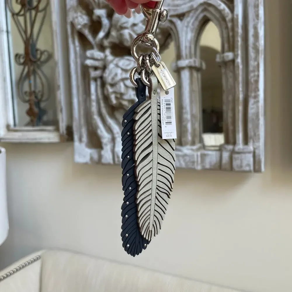 Rare Coach Multi Feather Leather Bag Charm Navy Silver Studded NWT